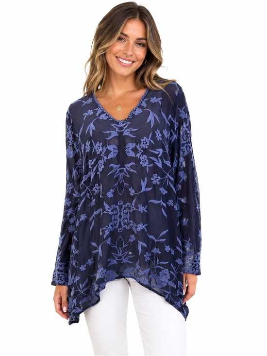 Johnny Was Tops - Johnny Was Blue Embroidered Tunic Top Medium Boho Floral V-Neck